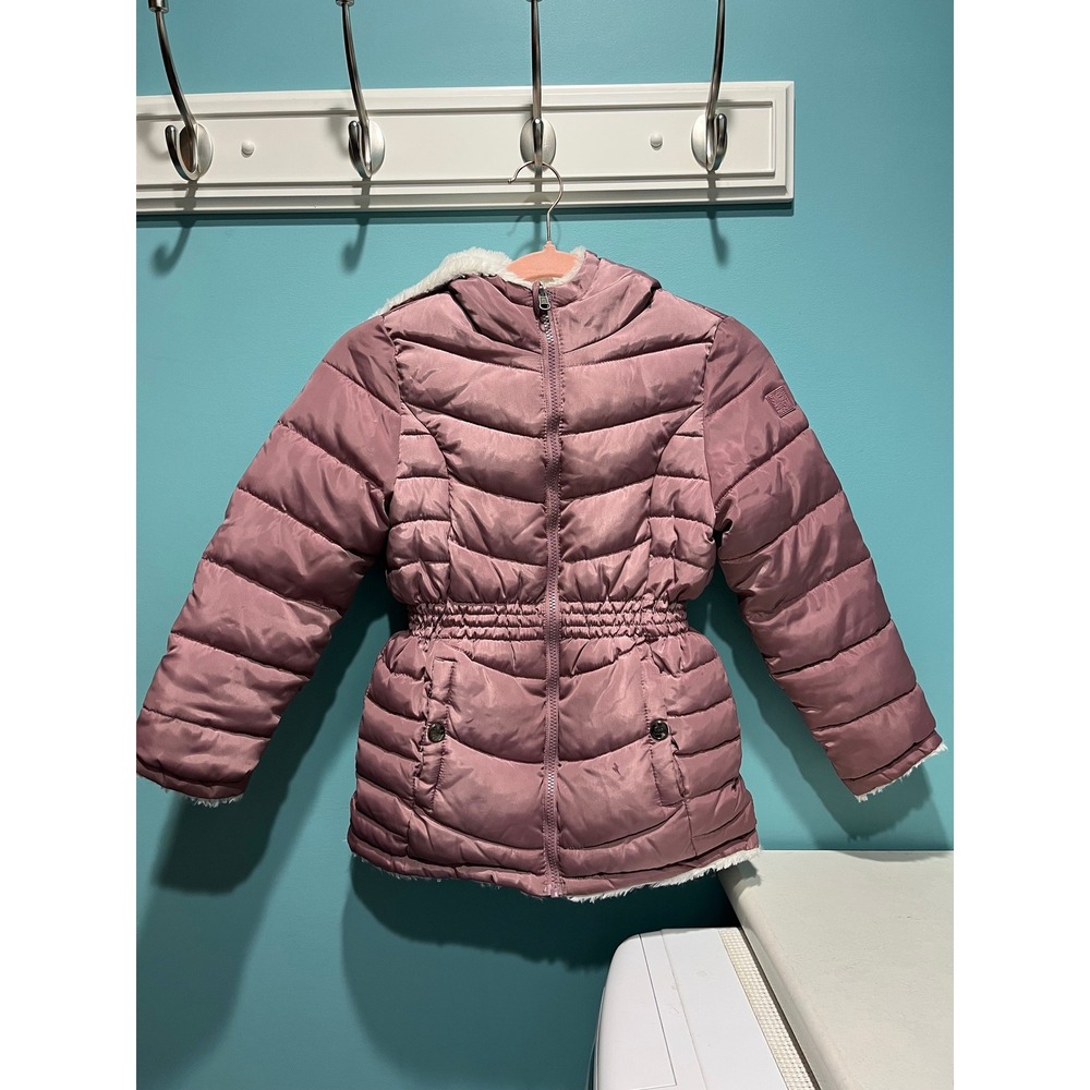 Steve Madden Kids Reversible Puffer Jacket Hooded Pink White Girls Size 5/6 or S